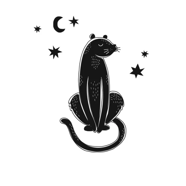 Negro salvaje pantera gato en la noche aislado ilustración — Vector de stock