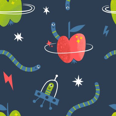 Kozmik vejetaryen solucan Elma gezegeni Meyveli uzay kusursuz vektör deseni