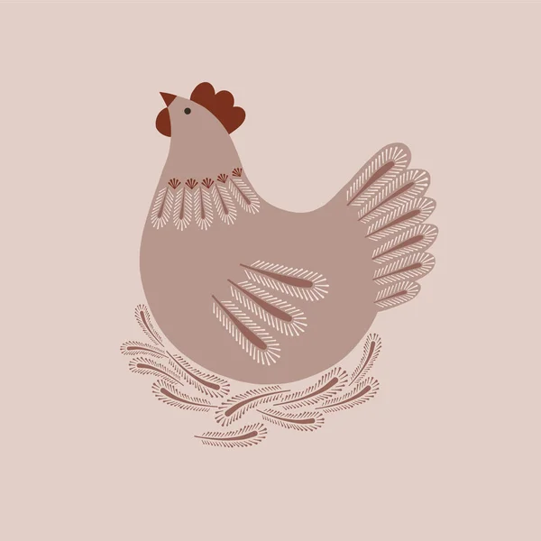 Spring chicken in nest folksy vector illustration. — Stock Vector