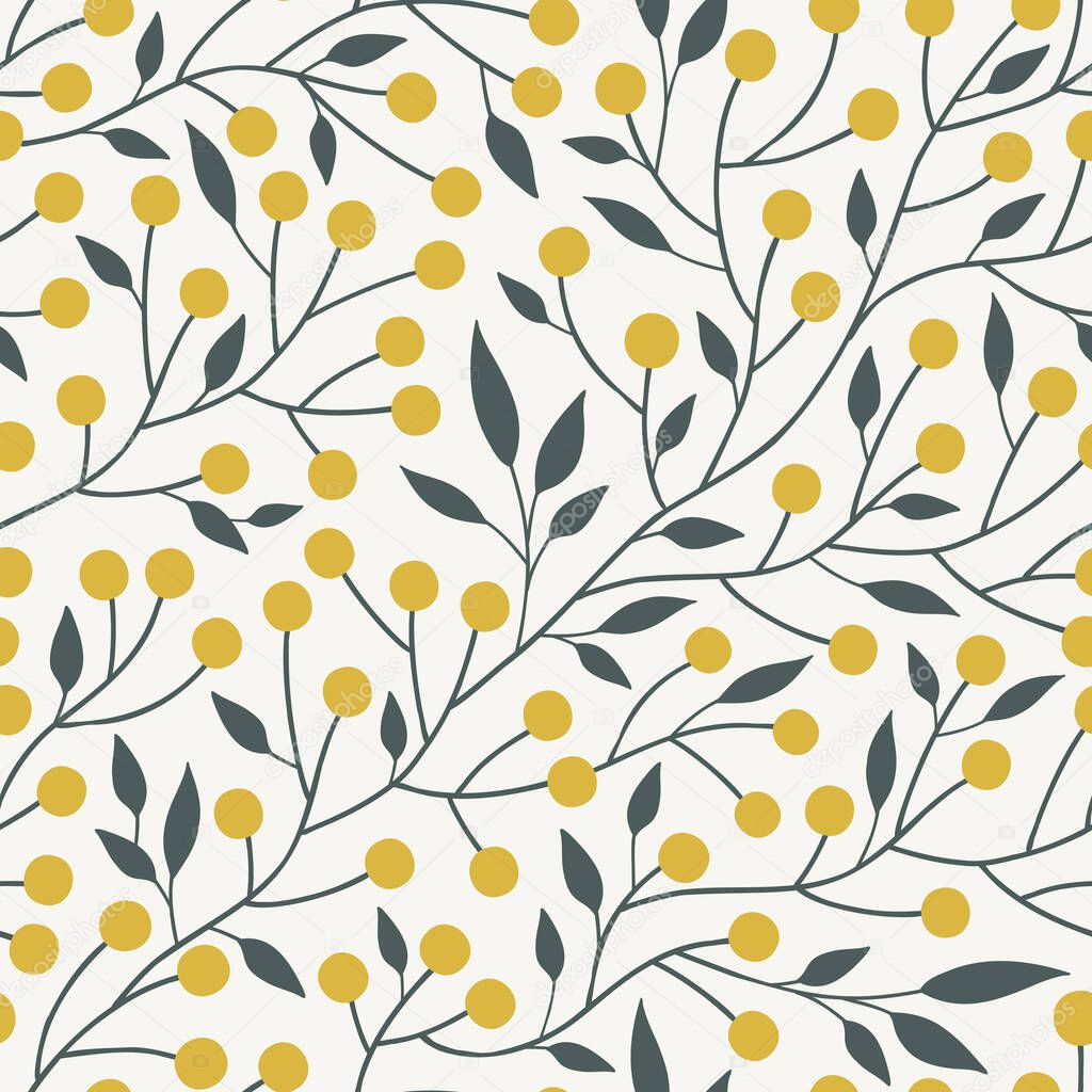 Botanical folksy mimosa seamless vector pattern.