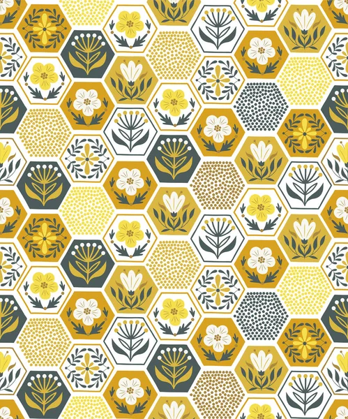 Floral honeycomb vector seamless pattern — Stock Vector