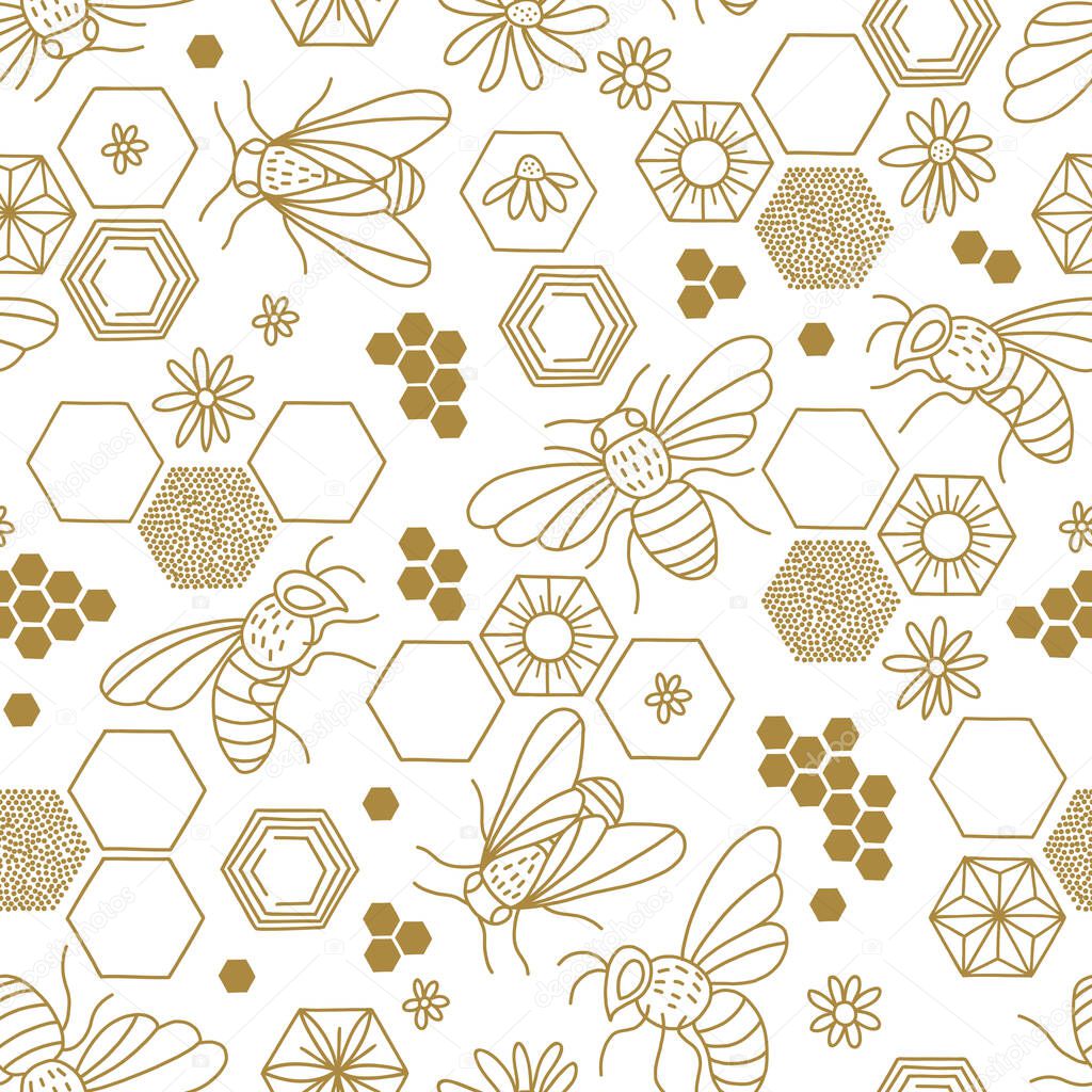 Bee Honeycomb Daisy line art vector seamless pattern.