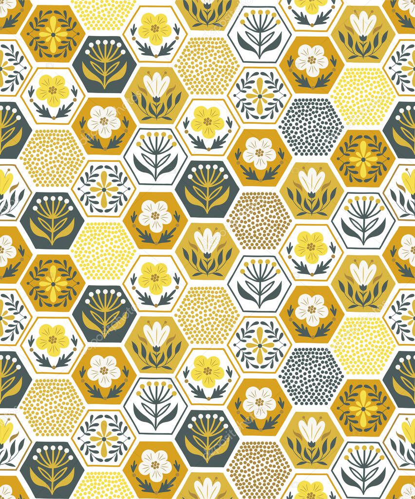 Floral honeycomb vector seamless pattern