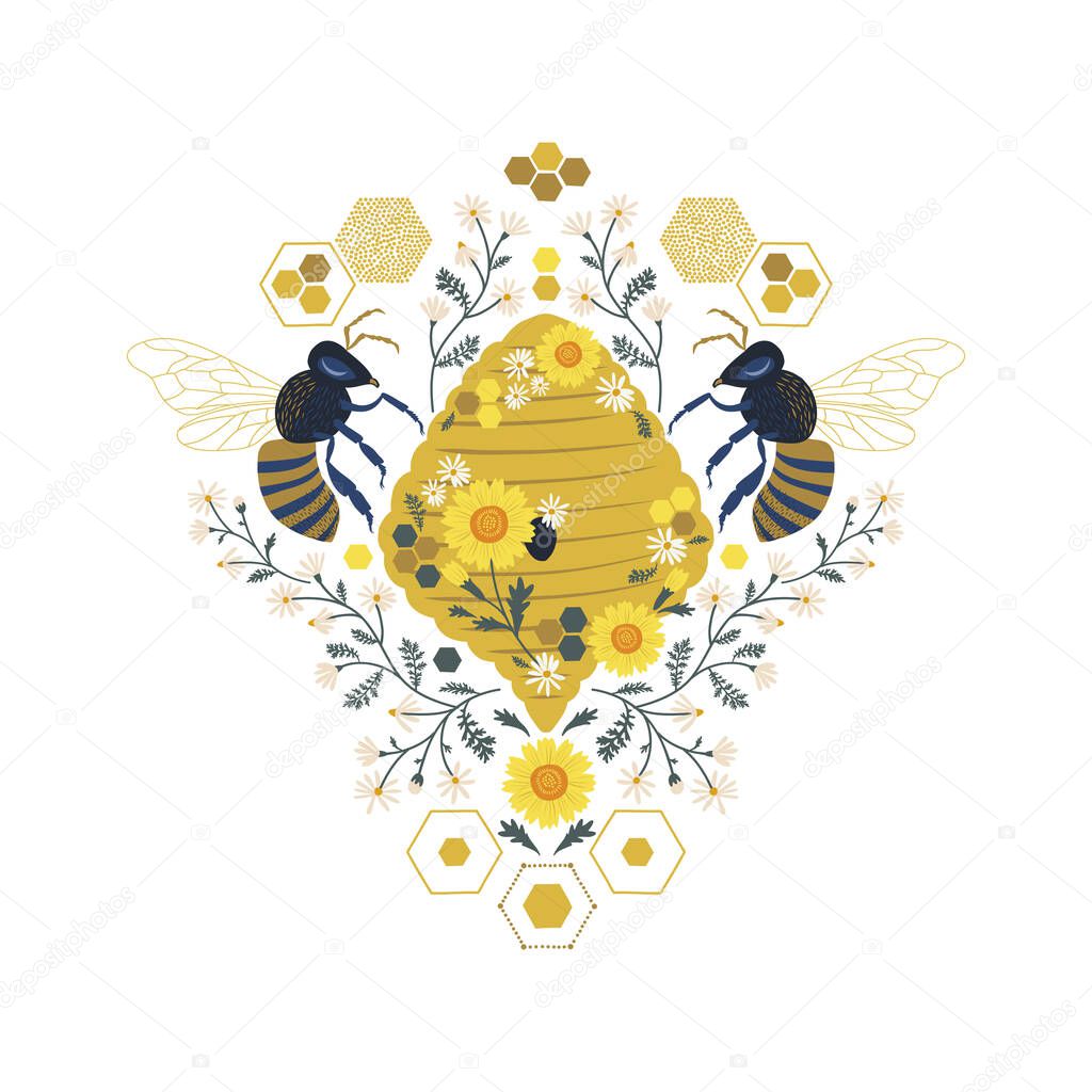 Bee Hive Honeycomb Daisy vector illustration.