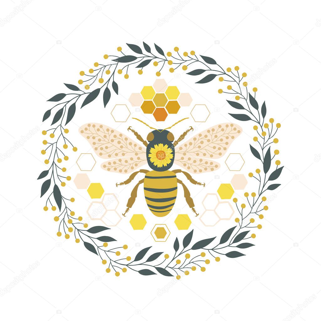 Ornate folksy floral bee in botanical wreath vector illustration