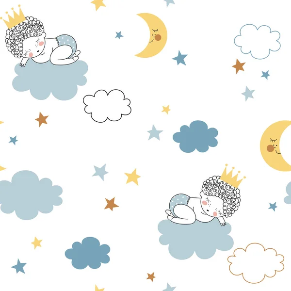青い雲の上で眠っている新生児の男の子. — ストックベクタ