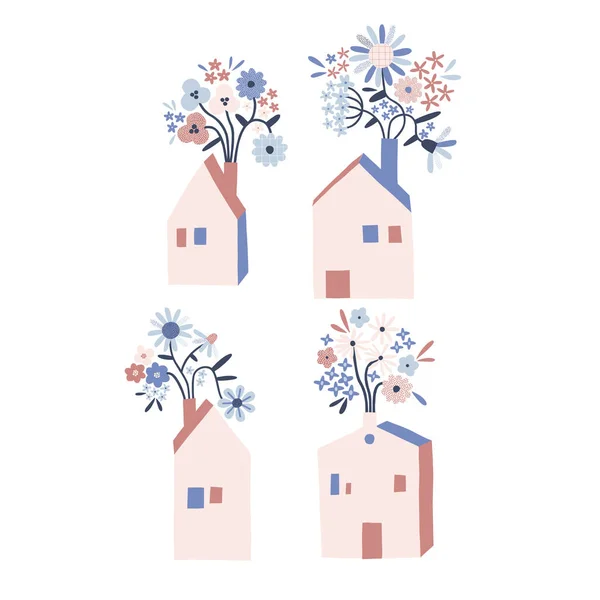 Tiny house with floral bouquet in chimney vector illustration set — Stockový vektor