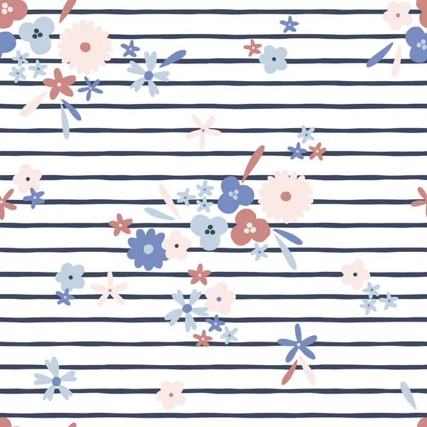 Cute naive daisy flowers and stripes seamless vector pattern — Archivo Imágenes Vectoriales