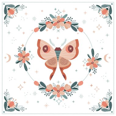 Göksel çiçek çerçeve çizimi illüstrasyonunda tuhaf ay güvesi 