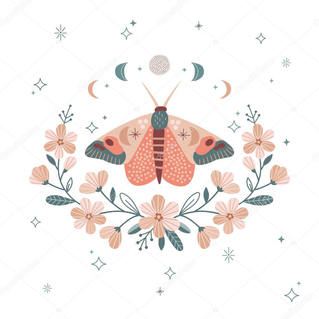 Whimsical moon moth in celestial floral moon phases frame vector illustration 