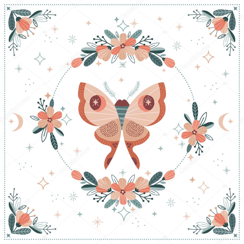Whimsical moon moth in celestial floral frame vector illustration 