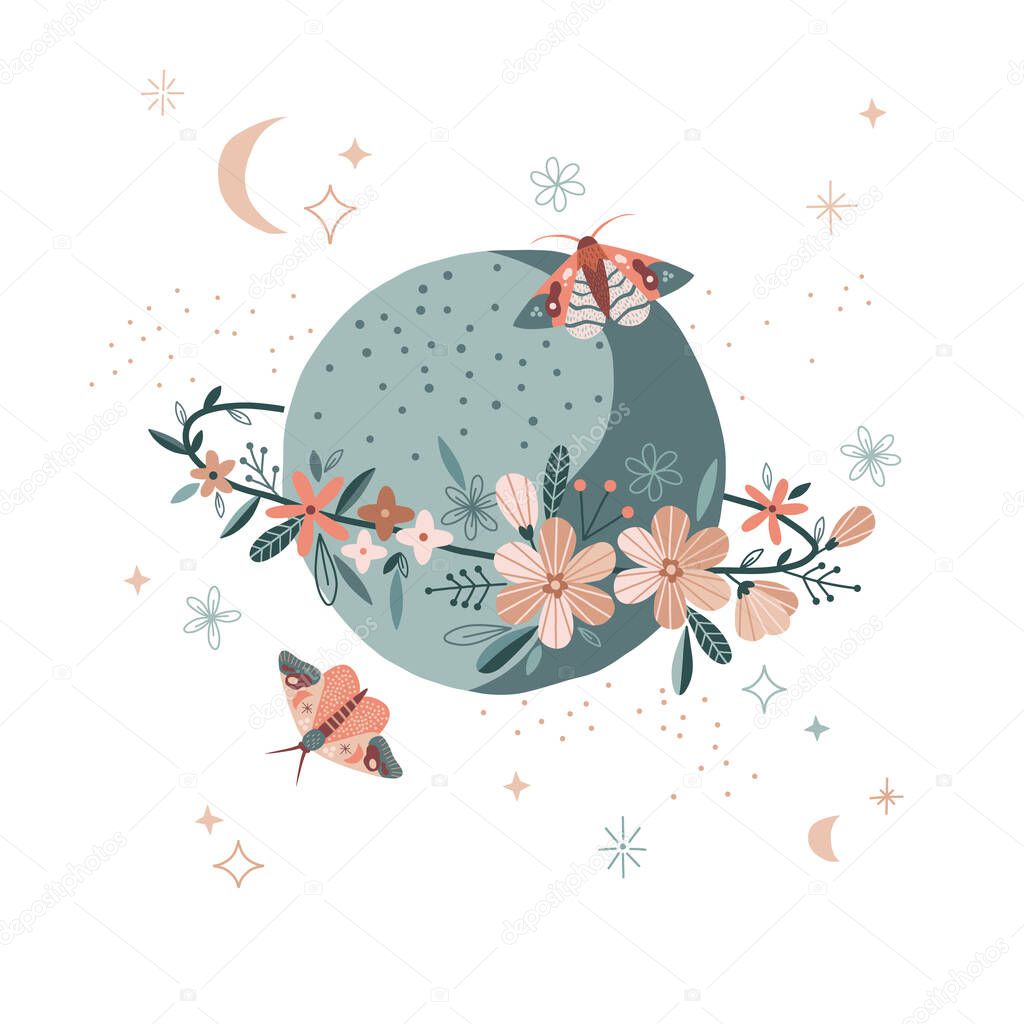  Bloomy planet with floral ring Moon moth in starry space vector illustration