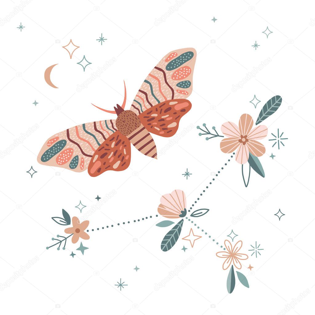 Whimsical moon moth Celestial floral zodiac constellation vector illustration 