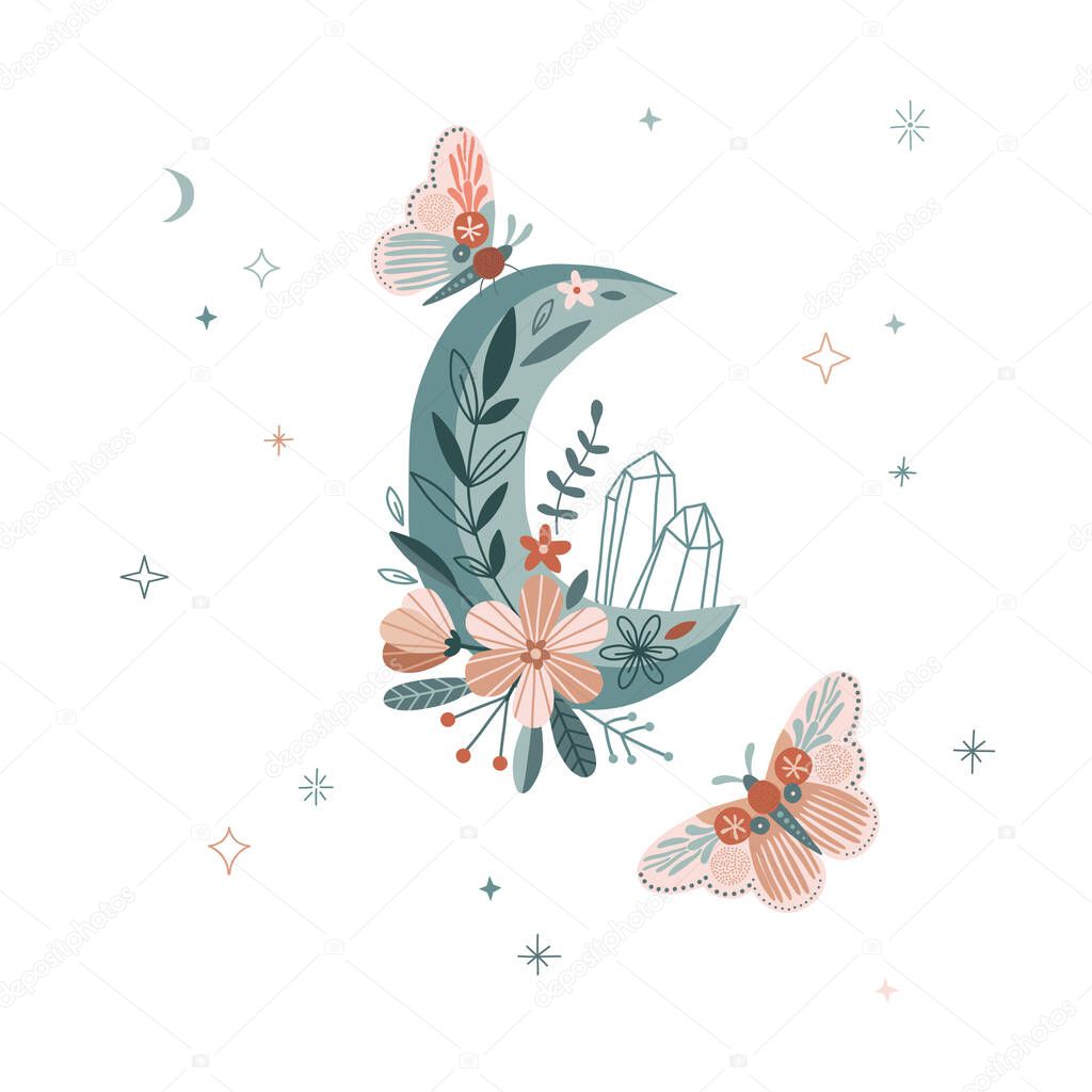 Floral crescent with crystal and moon moth vector illustration