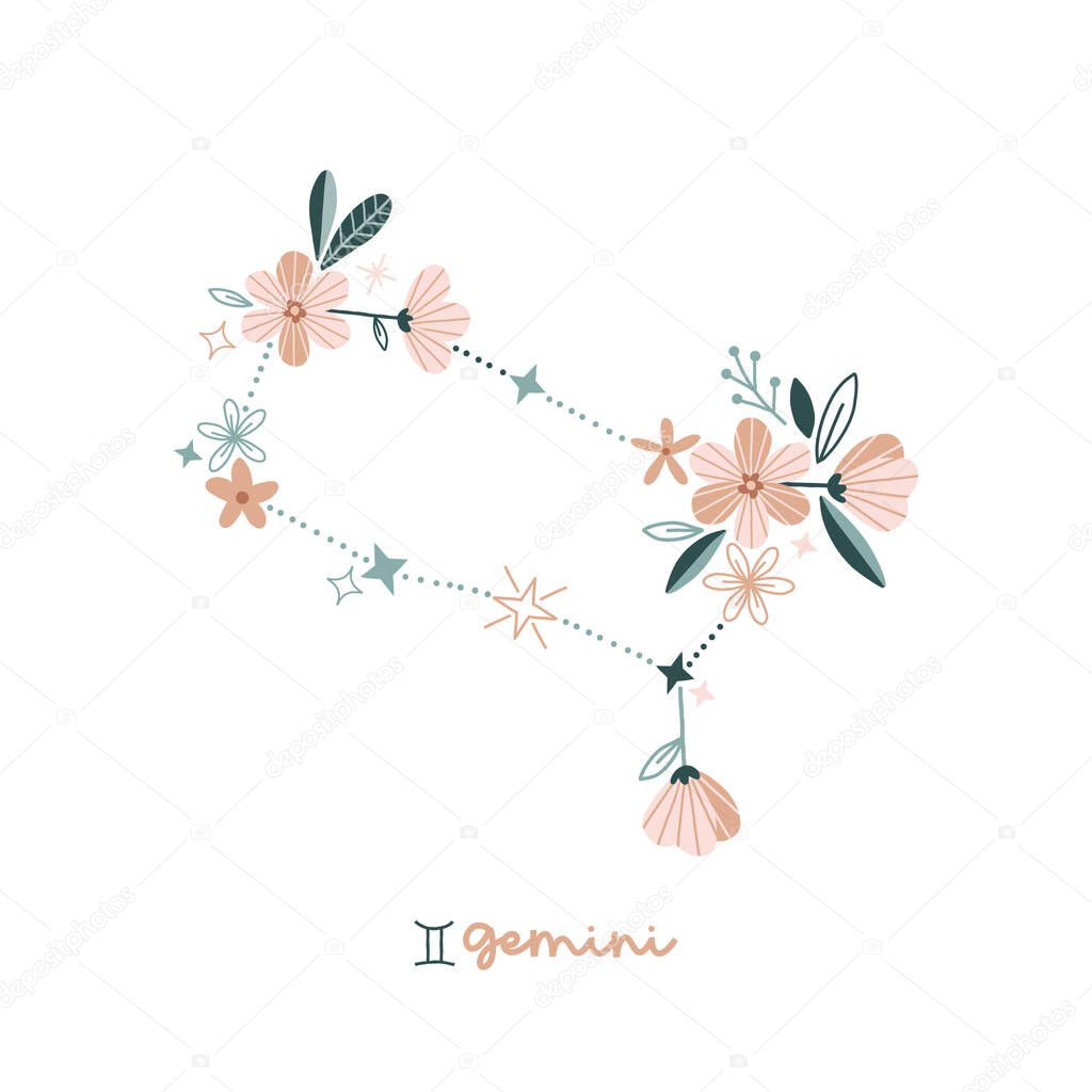  Flower Gemini zodiac sign clip art isolated on white. 