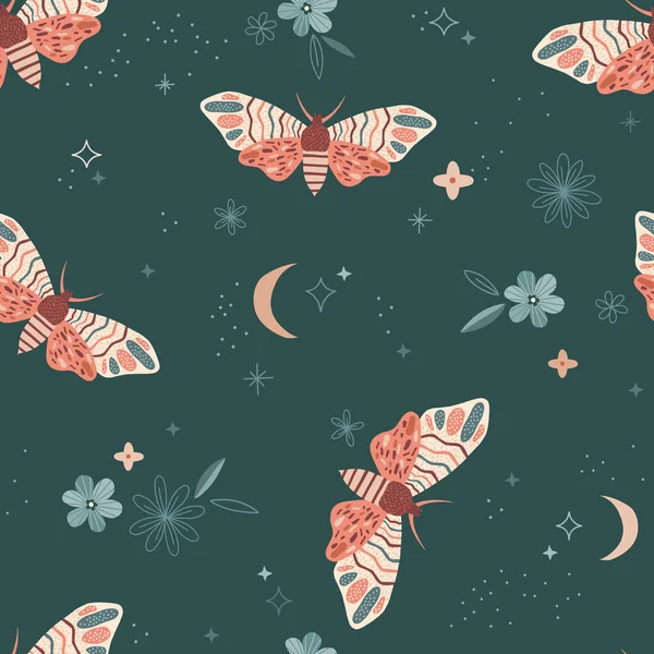 Boho Moth in night starry floral sky vector seamless pattern — Stock Vector