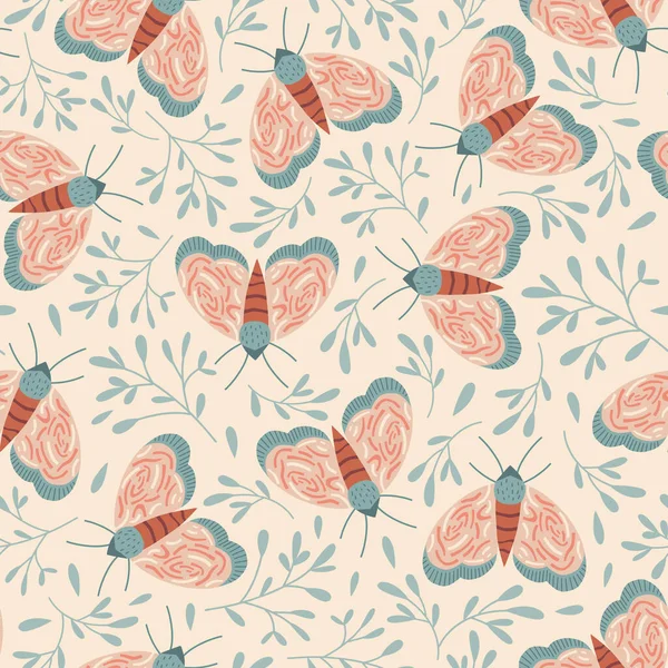 Whimsical Boho Moth greenery ornament vector seamless pattern — 스톡 벡터