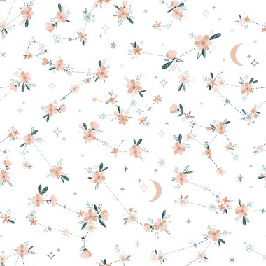 Ditsy Floral zodiac constellation vector seamless pattern clipart
