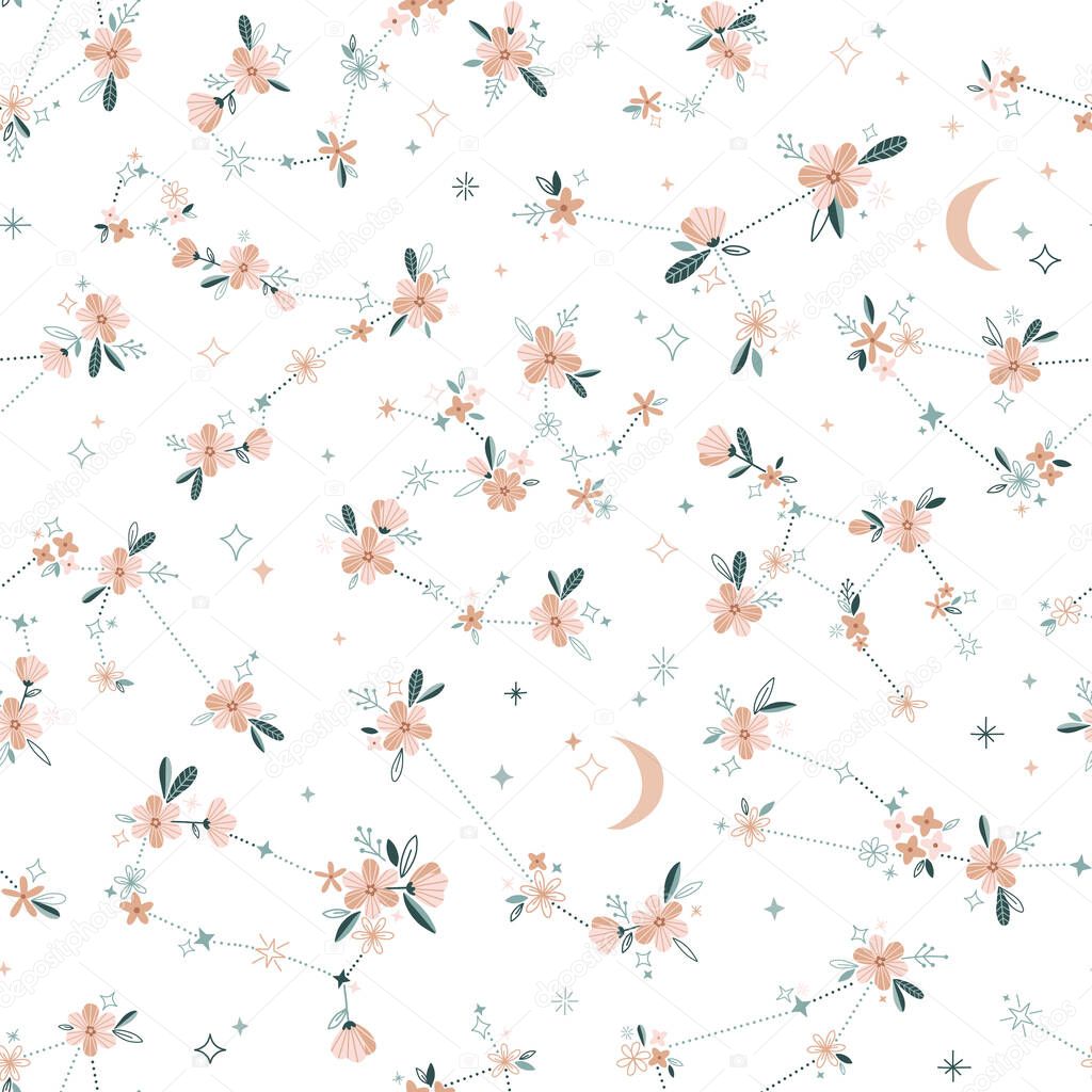 Ditsy Floral zodiac constellation vector seamless pattern