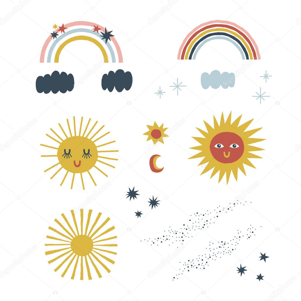 Scandinavian decorative sun character rainbow cloud star vector clipart set isolated on white