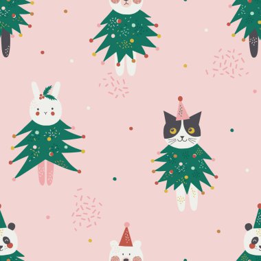 Noel ağacı kostümü içindeki komik hayvanlar kusursuz desenli..