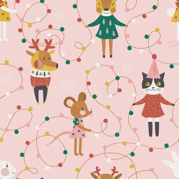 Animaux de Noël avec motif sans couture de guirlande de fête. — Image vectorielle