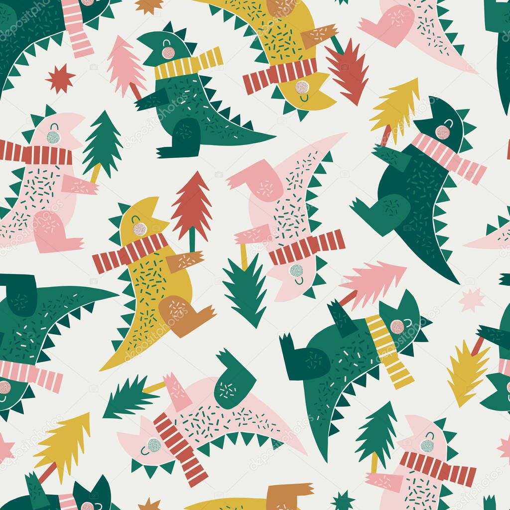 Winter dino with Christmas tree seamless vector pattern