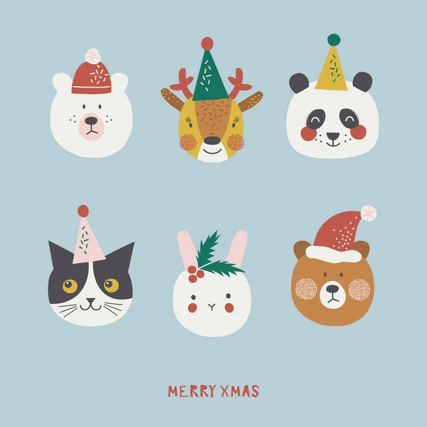 Natal animais cabeças vetor clipart set — Vetor de Stock