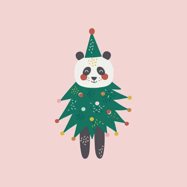 Carino divertente panda vestito in costume albero di Natale — Vettoriale Stock