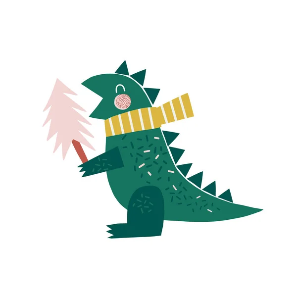 Winter dino met kerstboom vector illustratie geïsoleerd op wit — Stockvector