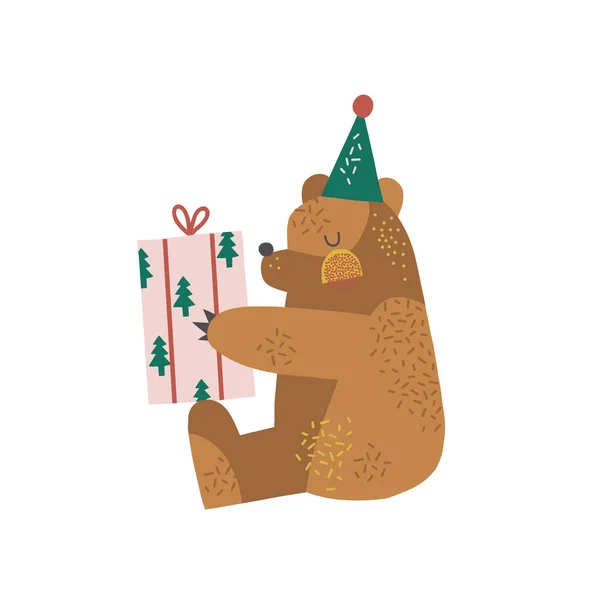 Feliz Navidad gran oso marrón con ilustración vector caja de regalo aislado en blanco — Archivo Imágenes Vectoriales