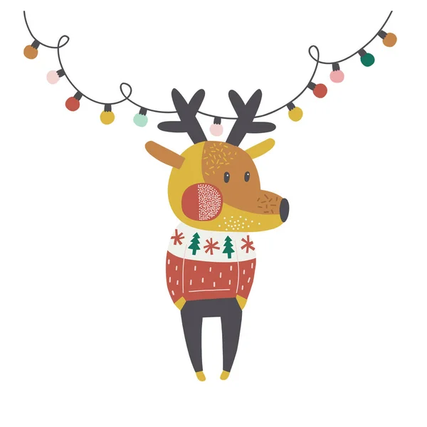 Cerf de Noël avec guirlande de fête en cornes illustration vectorielle isolé sur fond blanc — Image vectorielle