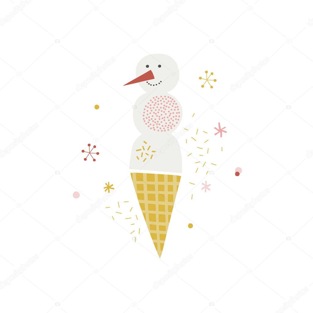 Snowman ice cream cone vector illustration isolated on white