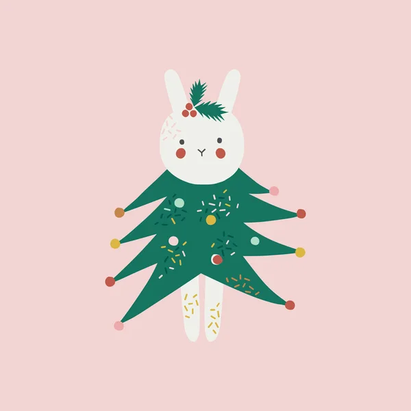 Mignon lapin drôle habillé en costume d'arbre de Noël — Image vectorielle