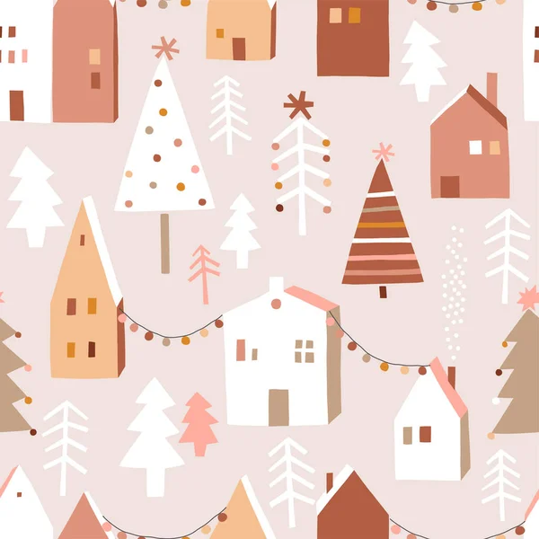 Roztomilý zdobené vánoční strom les dům party girland vektor bezešvé vzor. — Stockový vektor