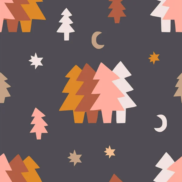 Patrón mágico escandinavo navidad estrellado bosque nocturno vector inconsútil — Vector de stock