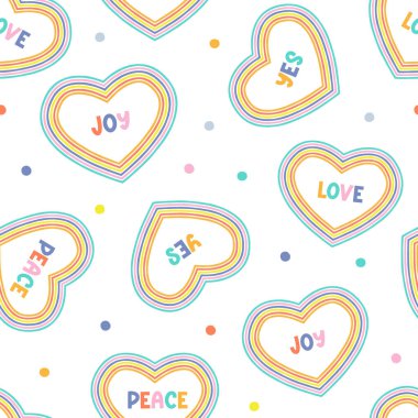 Rainbow heart with text Love Peace Joy vector seamless pattern clipart