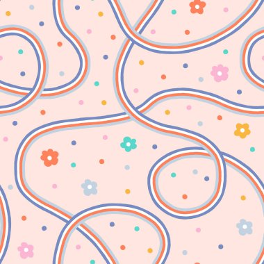 Groovy rainbows and flowers vector seamless pattern clipart