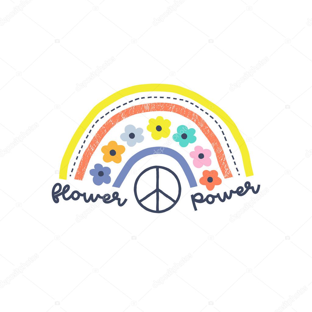 Floral rainbow with pacific sign and flower power text vector illustration.