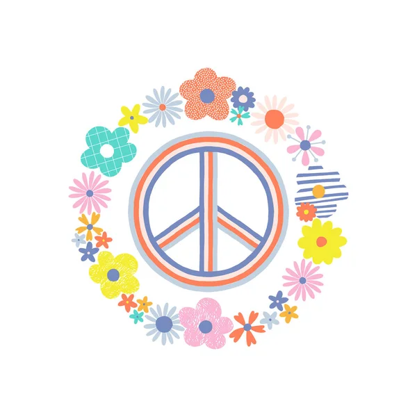 Grinalda florida com flores decorativas vibrantes multicoloridas e ilustração vetorial de sinal pacífico. —  Vetores de Stock