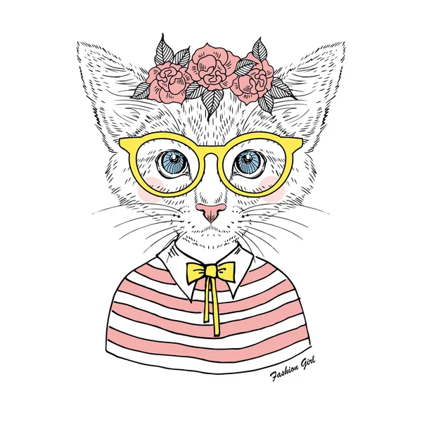 Kitty menina hipster em óculos — Vetor de Stock