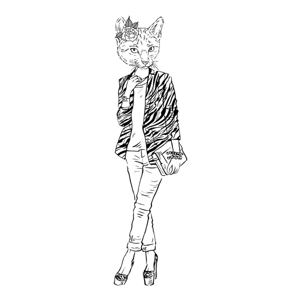 Gato menina vestida no estilo da cidade — Vetor de Stock