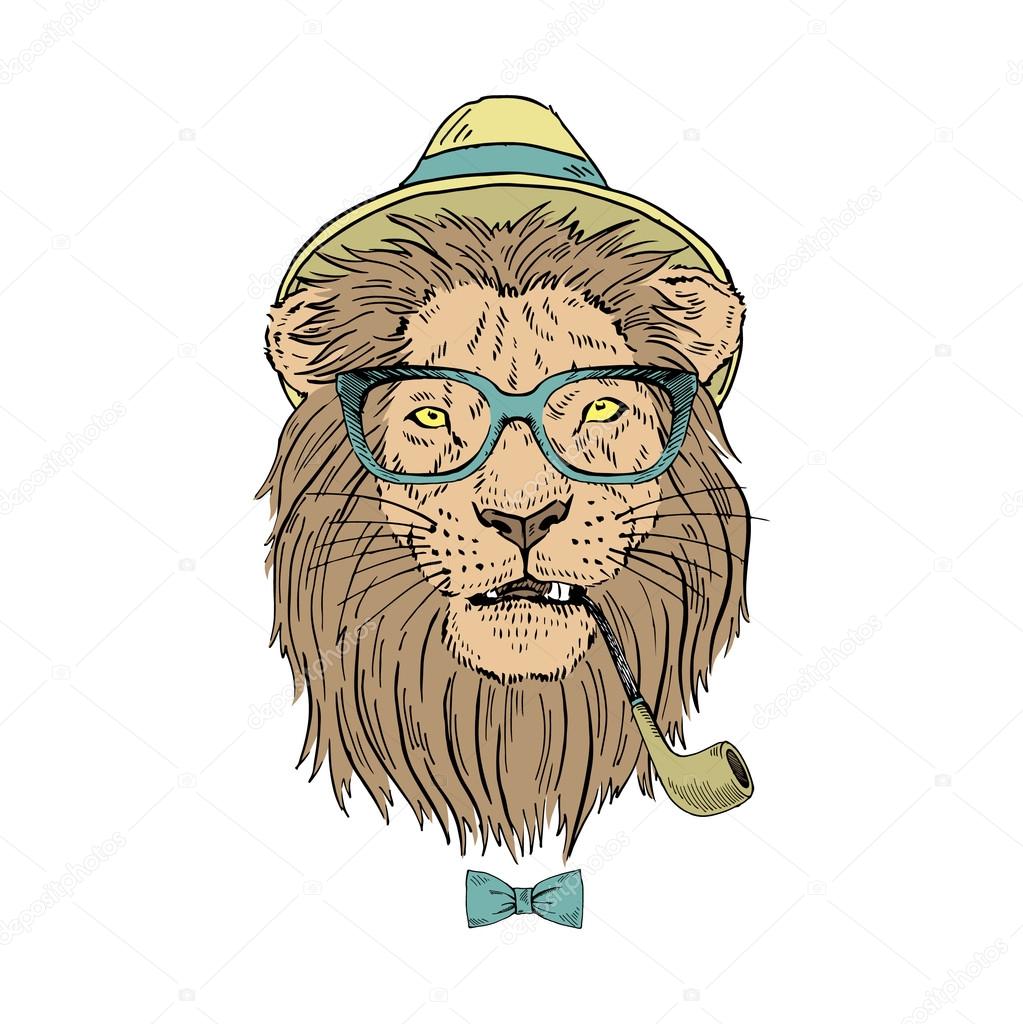 Lion in hat with smoking tube