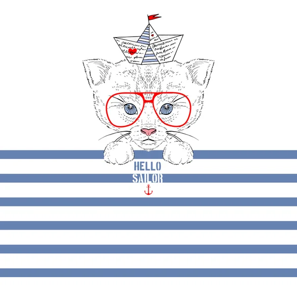 Gatito marinero con gafas rojas — Vector de stock