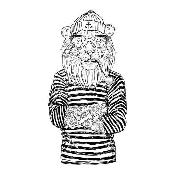 Lion sailor with tobacco tube — Stock Vector