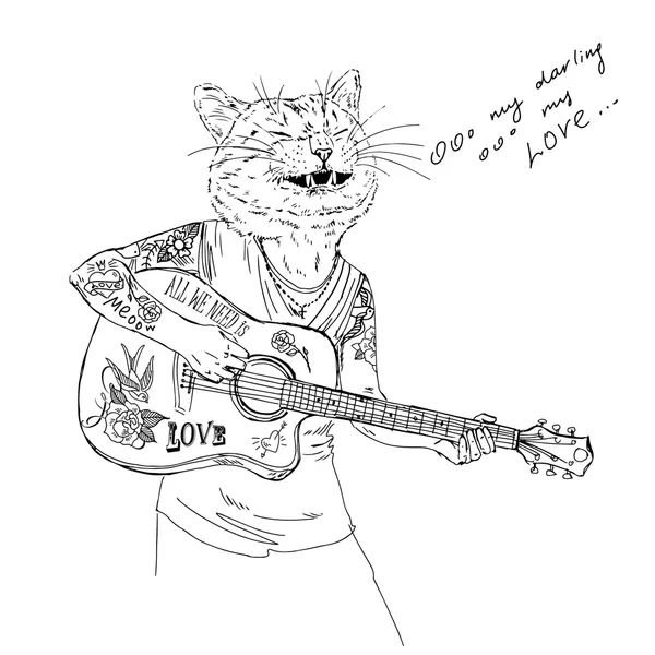 Gato tocando guitarra e canto — Vetor de Stock