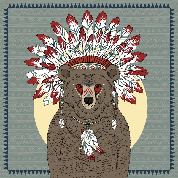 Handritad illustration av Björn krigare i war bonnet, indianska affisch — Stock vektor