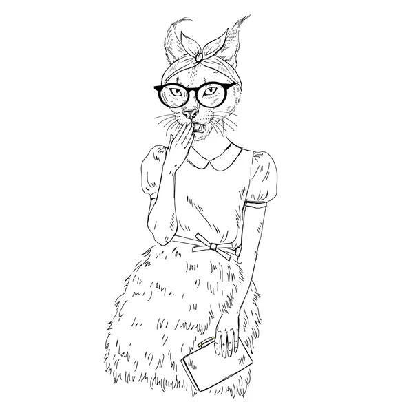 Lindo hipster caracal gato chica — Vector de stock