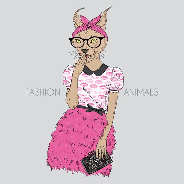 Linda chica hipster gato — Vector de stock