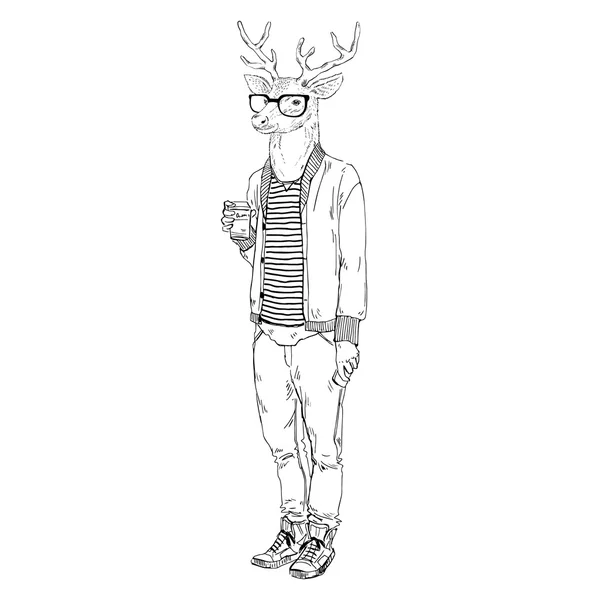Cerf hipster boire du café — Image vectorielle